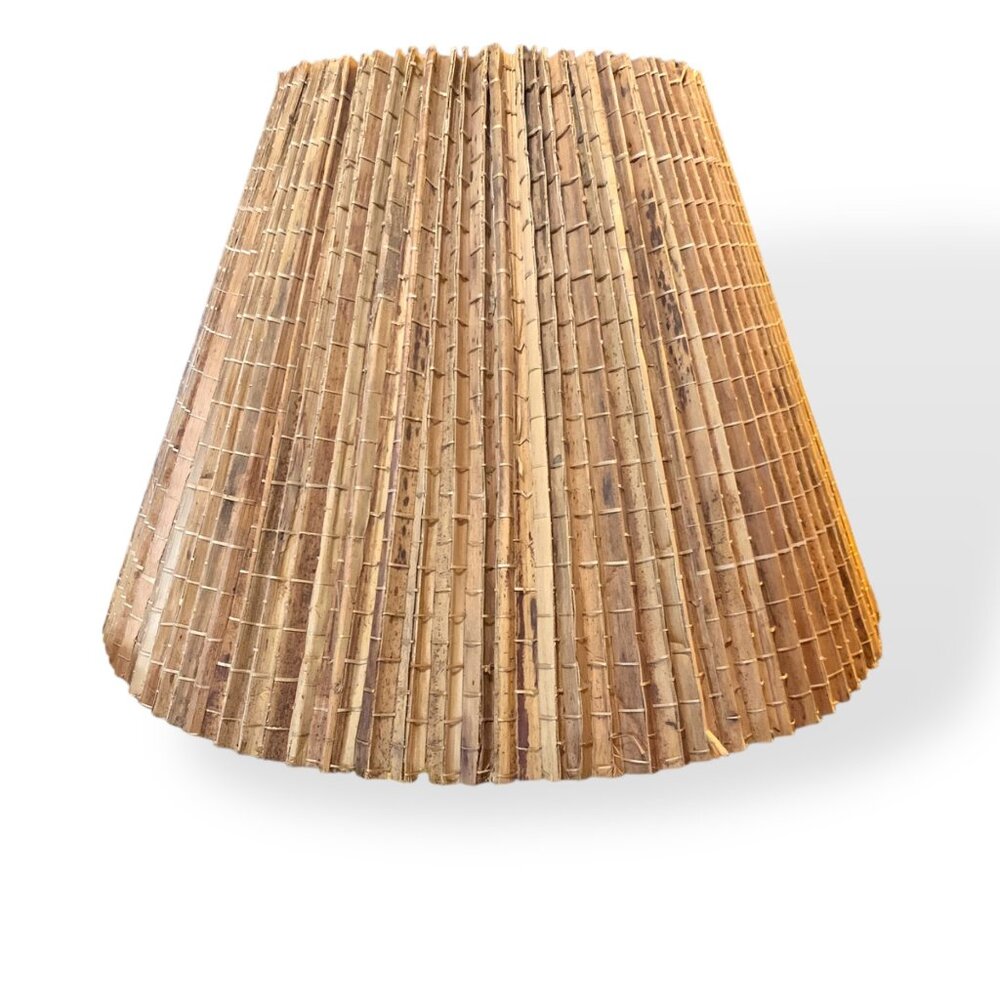 VTG MCM 60s Rattan Lamp Shade Pleated Palm Leaf Bamboo Natural Brown‎ 15.5"Tall